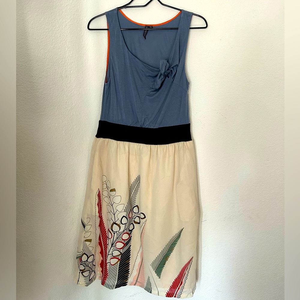 Anthropologie Blue and Cream Midi Dress with Printed Skirt